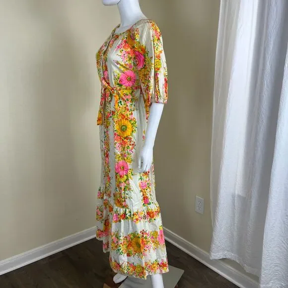 Vintage Miss Elaine Women Size S Floral Ruffle Maxi Dress 70s Retro Boho Peasant - Picture 10 of 17
